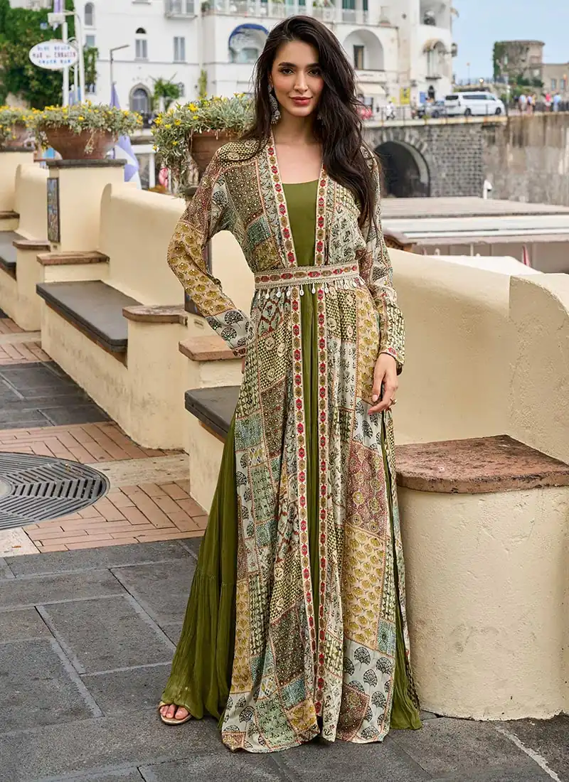 FC 20034 Mehendi Crepe Silk Shrug Suit Perfect for Wedding, Party, Festival Celebrations, Holi, Pooja – . Introductory Price ₹3049. Delivery 4-6 Working | Casual Suits, Jump Suits, Creative suits, Designer Suits, Palazzo Suits, Party Wear Suits, Patiala Suits, Salwar suit, Straight Suits