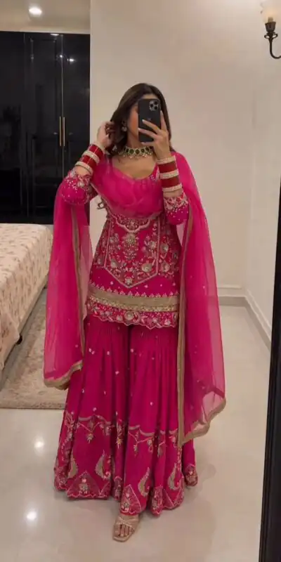 KF 1736 Pink Faux Georgette Salwar Suit with Mirror Work & Embroidery Work. Get it for ₹2449. Delivery 4-6 Working Days. Shop now. | Casual Suits, Jump Suits, Creative suits, Designer Suits, Palazzo Suits, Party Wear Suits, Patiala Suits, Salwar suit, Straight Suits