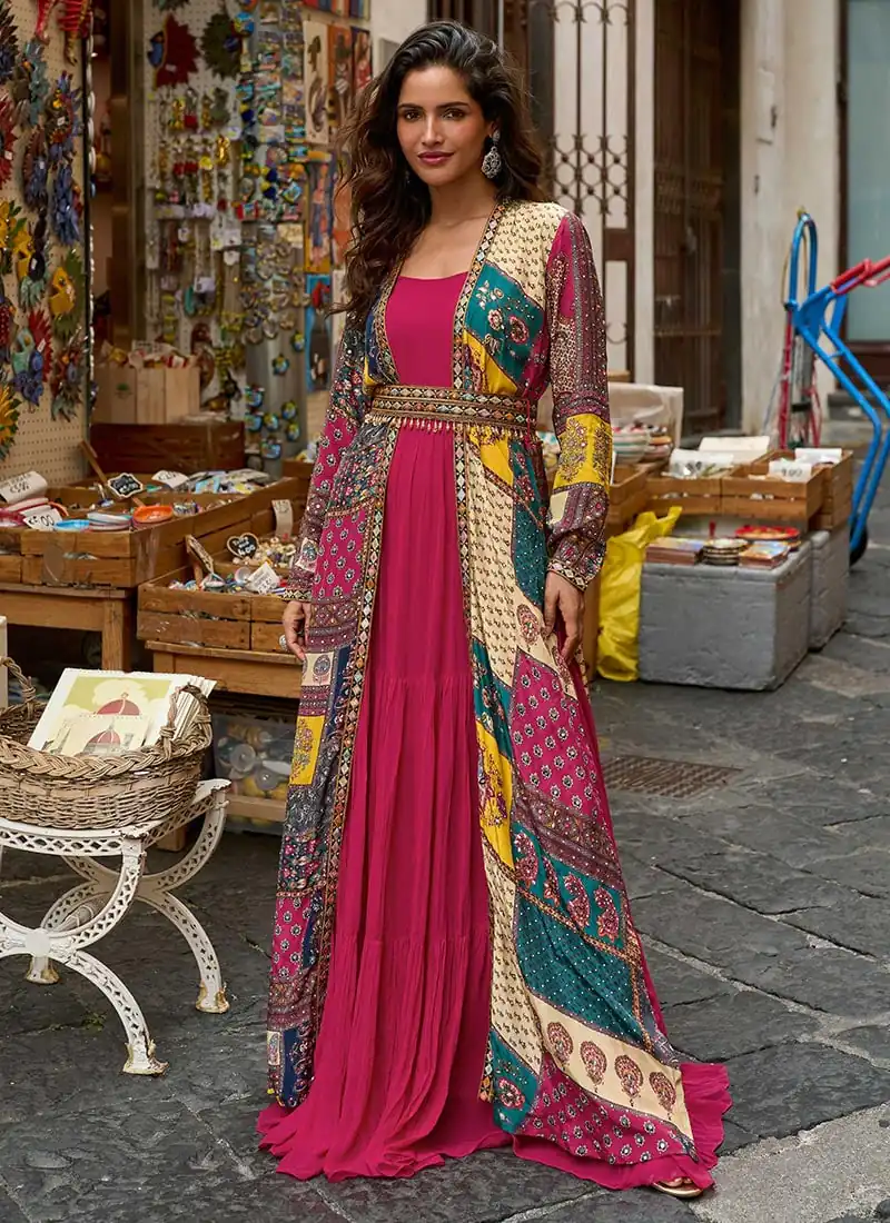 FC 20034 Pink Crepe Silk Shrug Suit Perfect for Wedding, Party, Festival Celebrations, Holi, Pooja – . Introductory Price ₹3049. Delivery 4-6 Working | Casual Suits, Jump Suits, Creative suits, Designer Suits, Palazzo Suits, Party Wear Suits, Patiala Suits, Salwar suit, Straight Suits