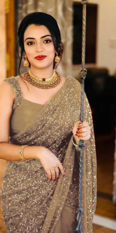 Party Wear Grey Color Georgette Sequence Work Saree For Women's