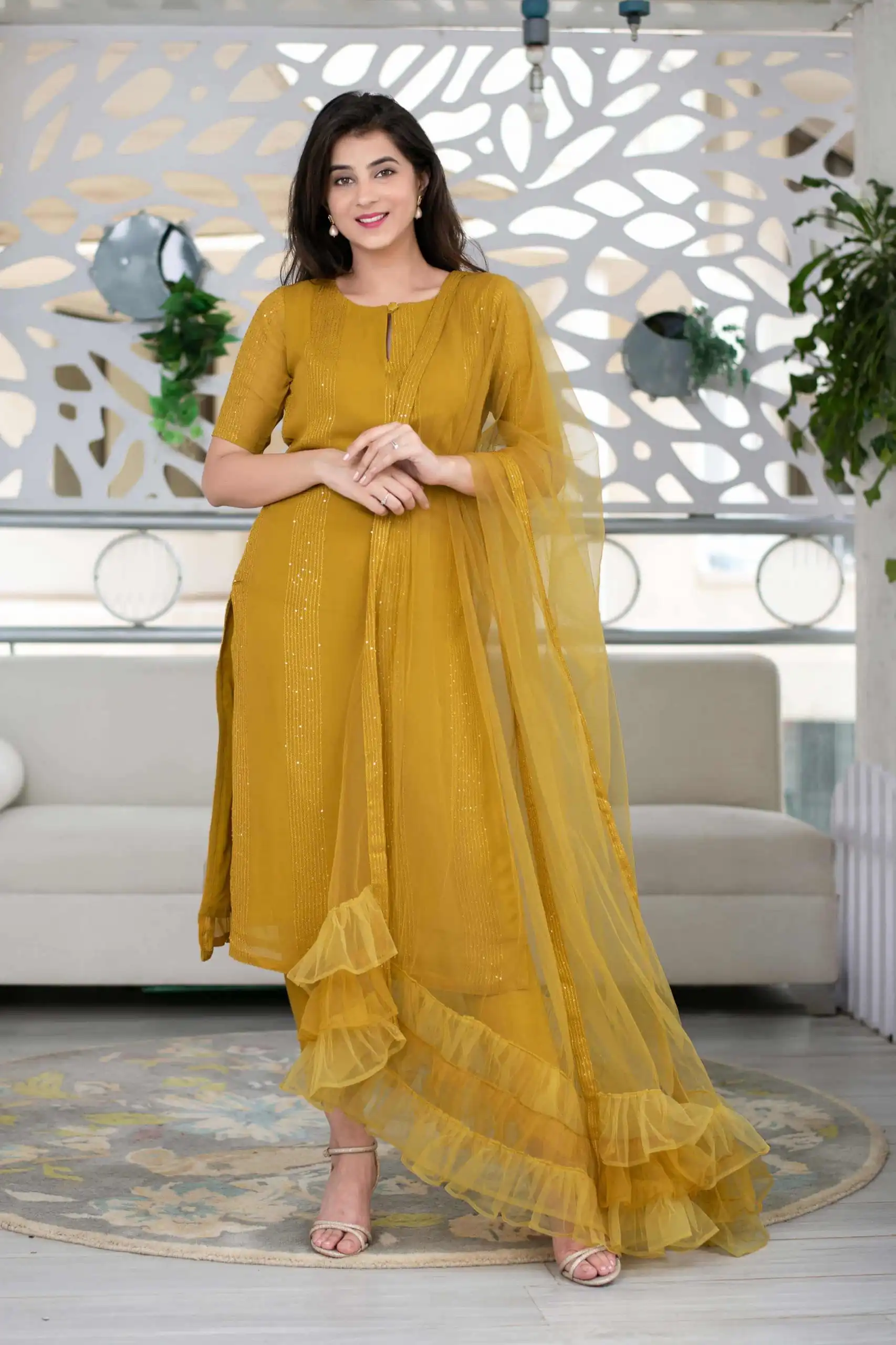 RTCKD 1040 Yellow Top: Heavy Rayon Dupatta: Net Work: Fancy Thread Embroidery Sequence Work Party, Wedding, Festive @1649/- Only | Casual Suits, Creative suits, Designer Suits, Party Wear Suits, Salwar suit, Straight Suits