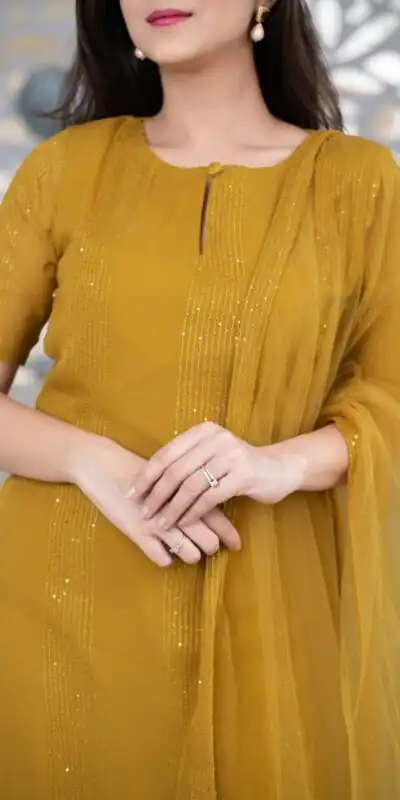 RTCKD 1040 Yellow Top: Heavy Rayon Dupatta: Net Work: Fancy Thread Embroidery Sequence Work Party, Wedding, Festive @1649/- Only | Casual Suits, Creative suits, Designer Suits, Party Wear Suits, Salwar suit, Straight Suits