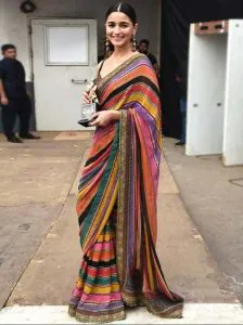 Gorgeous Alia Bhatt In Sabyasachi Multi Color Designer Party Wear Saree