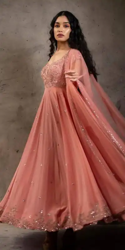 NSR 1266 Orange Bottom : Micro Cotton Work : Embroidery Sequences Work With Sleeves Wedding Party, Festive,@1669/- Only | Bollywood Gowns, Creative Gowns, Designer Gowns, Embroidered Gowns, Gowns, Party Wear Gowns, Straight Suits