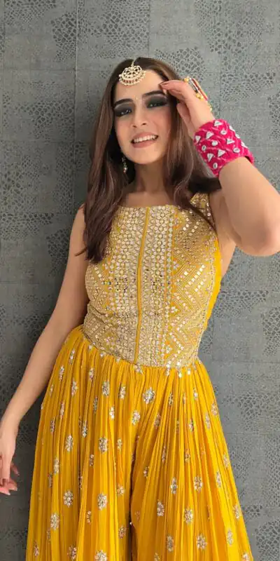 NSR 555 Yellow Jumpsuit : Heavy Faux Georgette Work : Heavy Embroidery With Sequin Work Flair : Each Leg 1.5 M Casual, Party @1699/- | Jump Suits, Casual Suits, Creative suits, Designer Suits, Palazzo Suits, Party Wear Suits, Salwar suit, Straight Suits