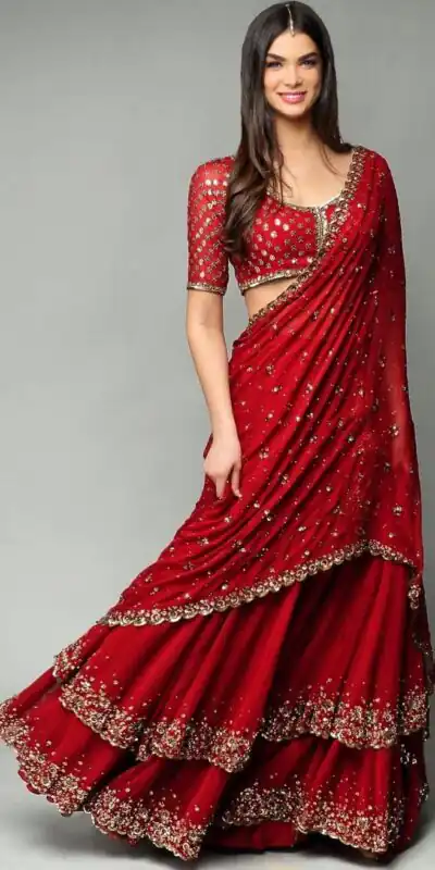 KF 1330 Red Lehenga : Georgette Blouse : Georgette Work : Sequence Embroidery Work With 2 Layer Ruffle Wedding, Party, Festive @2049/- Only | Creative Lehenga, Bollywood Lehenga, Designer Lehenga, Embroidered Lehenga, Lehenga, Party Wear Lehenga