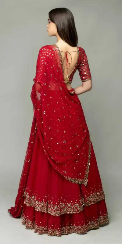 KF 1330 Red Lehenga : Georgette Blouse : Georgette Work : Sequence Embroidery Work With 2 Layer Ruffle Wedding, Party, Festive @2049/- Only | Creative Lehenga, Bollywood Lehenga, Designer Lehenga, Embroidered Lehenga, Lehenga, Party Wear Lehenga