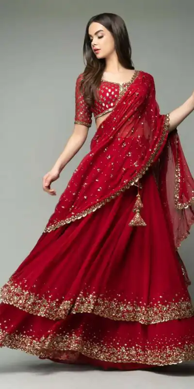 KF 1330 Red Lehenga : Georgette Blouse : Georgette Work : Sequence Embroidery Work With 2 Layer Ruffle Wedding, Party, Festive @2049/- Only | Creative Lehenga, Bollywood Lehenga, Designer Lehenga, Embroidered Lehenga, Lehenga, Party Wear Lehenga