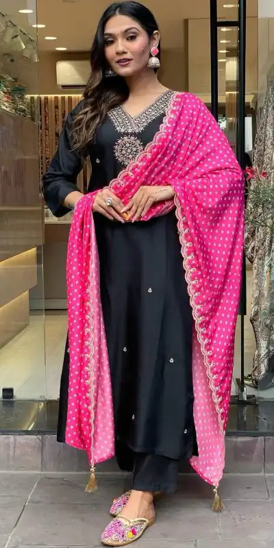 Dazzling Black Color Modal Silk Embroidery Sequence Work Kurti