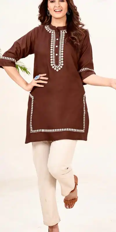 Fashionable Maroon Color Heavy Rayon With Embroidery Kurti