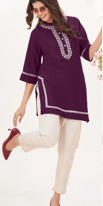 Fashionable Purple Color Heavy Rayon With Embroidery Kurti