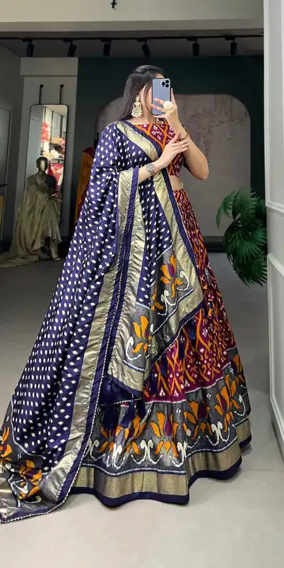 Glamorous Multi Color Tussar Silk Drawstring & Printed With Foil Print & Heavy Tassels Lehenga Choli