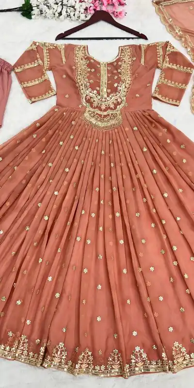 ZSR-3021 Peach Color Gown : Fox Georgette Work : Embroidery Sequence Work Inner : Micro Cotton Traditional Wear, Wedding, Festive, Events. @1999/- | Bollywood Gowns, Creative Gowns, Designer Gowns, Embroidered Gowns, Gowns, Party Wear Gowns