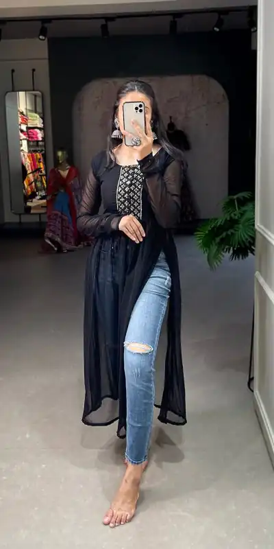 Grand Black Color Georgette Sequins Embroidery Work Kurti
