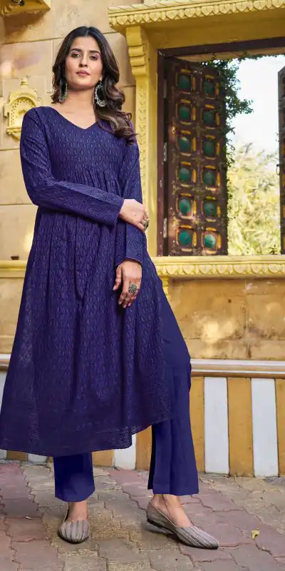 Grand Look Navy Blue Color Heavy Rayon Schiffli Work Kurti