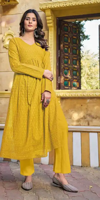 Grand Look Yellow Color Heavy Rayon with Schiffli Work Kurti