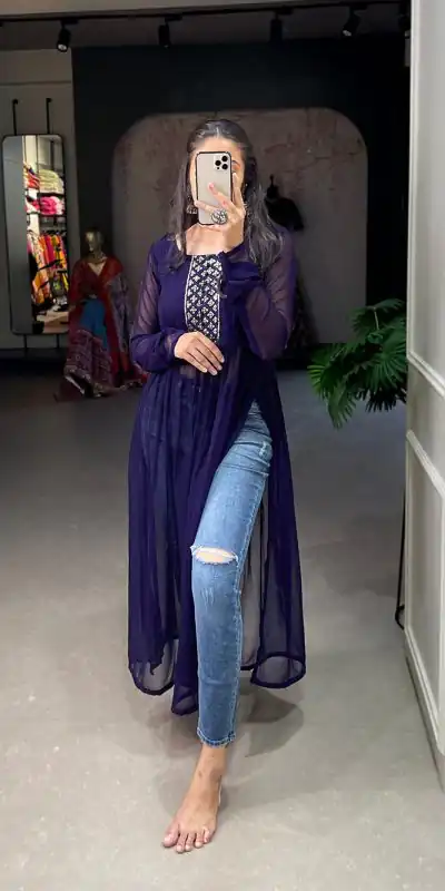 Grand Violet Color Georgette Sequins Embroidery work Kurti