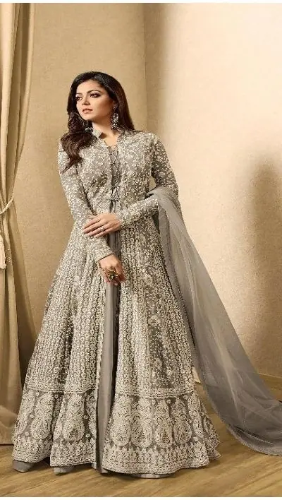 Drashti Dhami Light Grey Embroidered Georgette Net Anarkali Suit