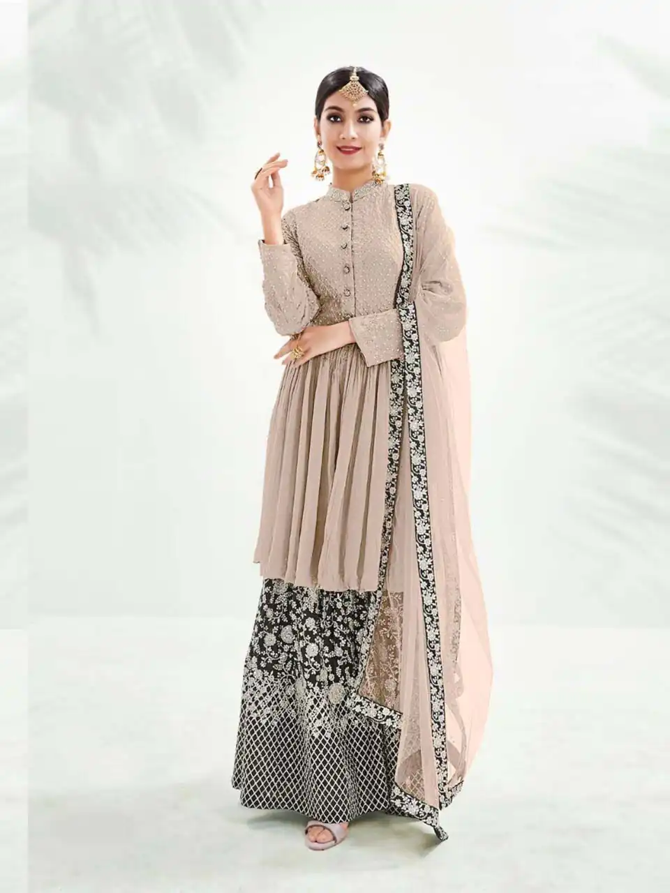 Latest Cream Color Georgette With Embroidery Work Sharara Suit