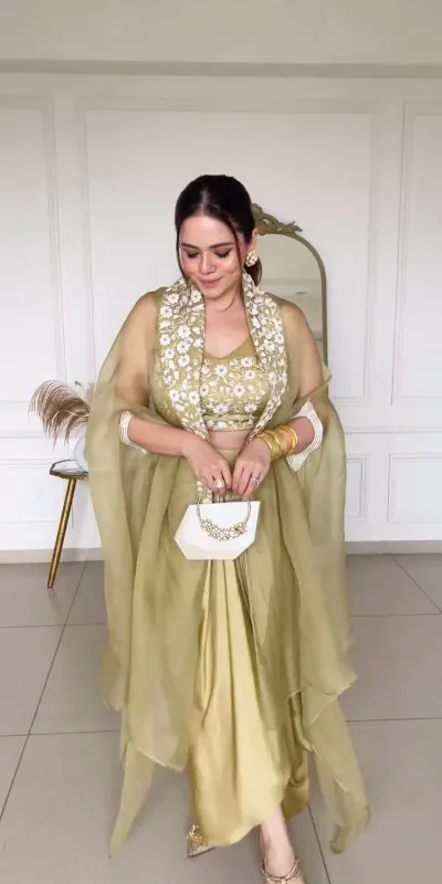 New Designer Olive Green Color Sequence Work Dhoti Style Saree