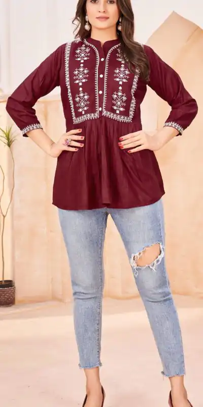 Perfect Maroon Color Heavy Rayon Embroidery Work Kurti