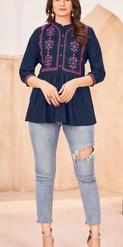 Perfect Navy Blue Color Heavy Rayon Embroidery Work Kurti