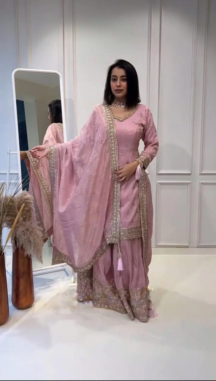 Pretty Pink Color Chinnon Silk Embroidery Sequence Sharara Suit - Image 3