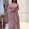 Pretty Pink Color Chinnon Silk Embroidery Sequence Sharara Suit