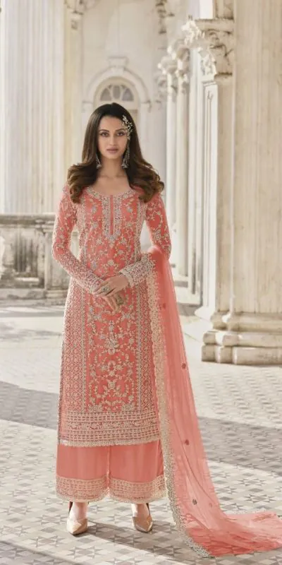 Adorable Orange Color Butterfly Net And Embroidery Work Sharara