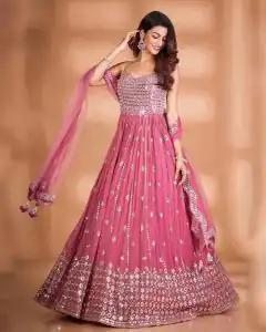 Aglow Pink Color Party Wear Heavy Sequence Work Gown