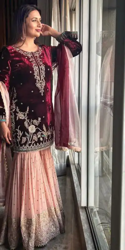 KD 1138 Maroon Top : Heavy Velvet Work : Thread Work Wedding, Party, Festive, Events Etc. Thread Work Sharara @2049 | Casual Suits, Creative suits, Designer Suits, Palazzo Suits, Party Wear Suits, Salwar suit, Straight Suits