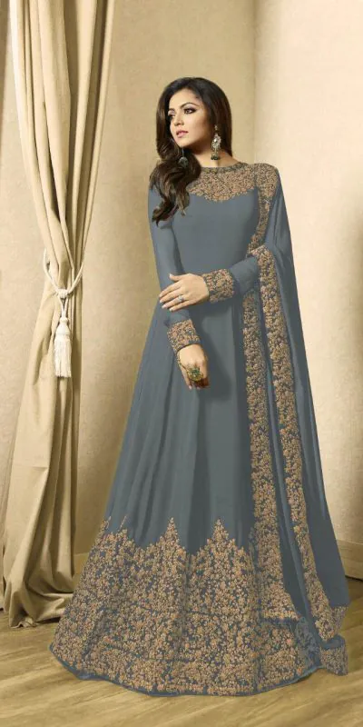 Floor Length Anarkali For Women's In Grey Color With Heavy Georgette
