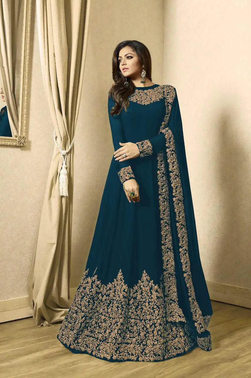 Floor Length Anarkali For Women's In Peacock Blue Color With Heavy Georgette