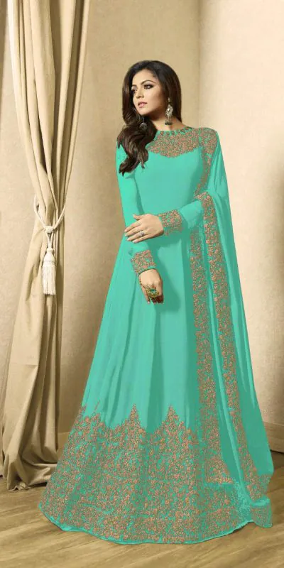 Floor Length Anarkali For Women's In Sea Green Color With Heavy Georgette