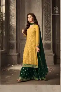 Yellow-Green Faux Georgette Embroidery & Stone Work Sharara Suit