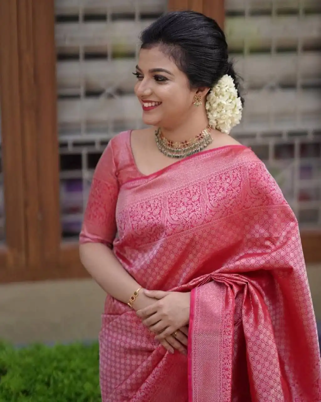 Beautiful Pink Color Soft Lichi Silk Ordinary Rich Design Saree - Image 3