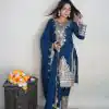 Fine Blue Color Pure Chinnon Silk Embroidery Salwar Suit