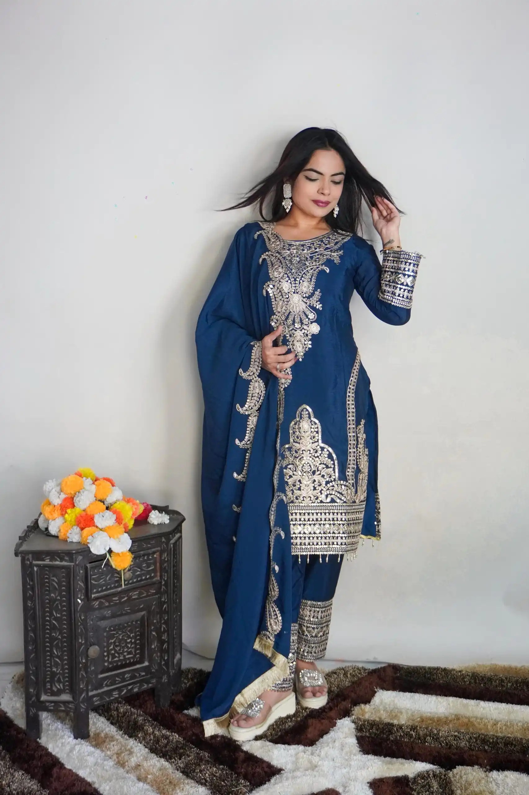 Fine Blue Color Pure Chinnon Silk Embroidery Salwar Suit