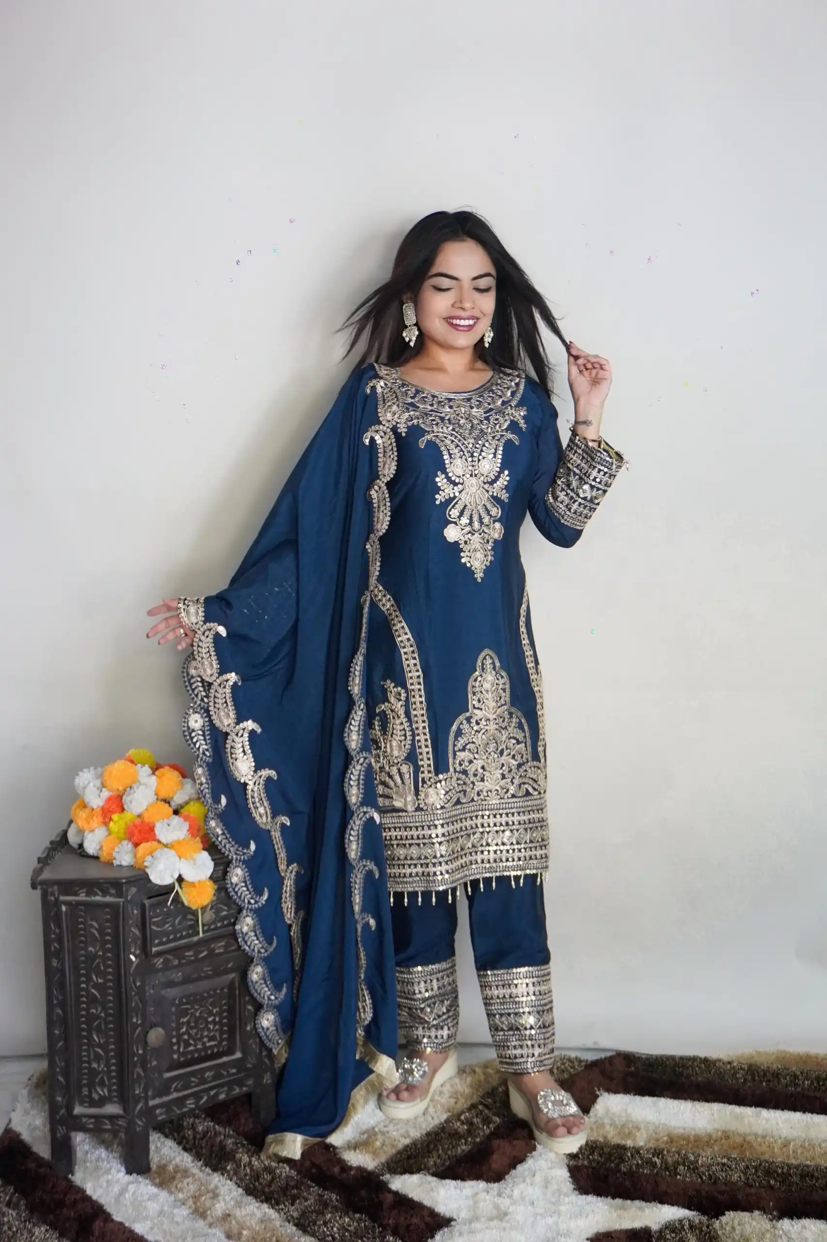 Fine Blue Color Pure Chinnon Silk Embroidery Salwar Suit - Image 2