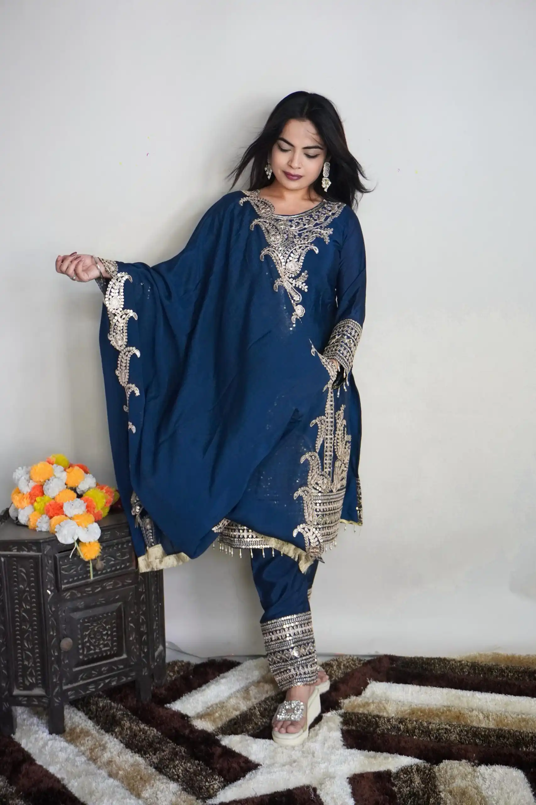 Fine Blue Color Pure Chinnon Silk Embroidery Salwar Suit - Image 3