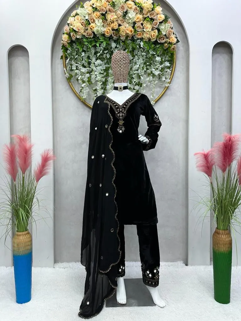 Grand Black Color Velvet Thread Work With Real Mirror Salwar Suit