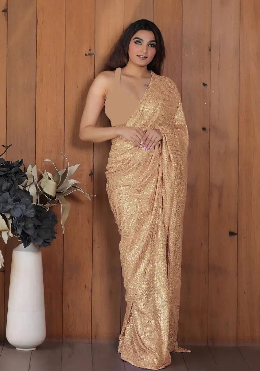 Perfect Chiku Color Georgette Double Run Embroidery Saree