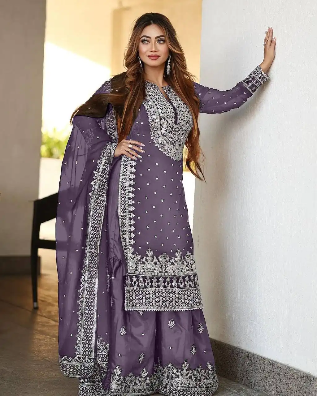 Pretty Light Purple Georgette Embroidery Sequence Salwar Suit