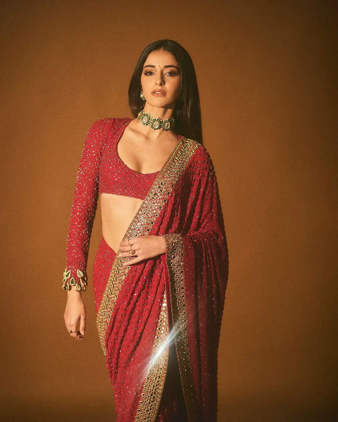 Resplendent Red Color Faux Georgette Sequence Work Saree - Image 3