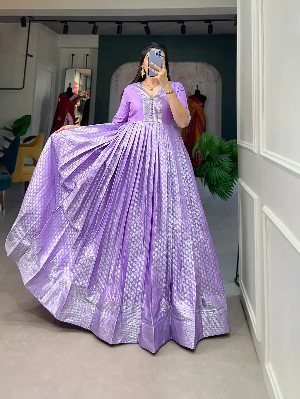 Stylish Lavender Color Jacquard Silk Floral weaving work Gown - Image 3