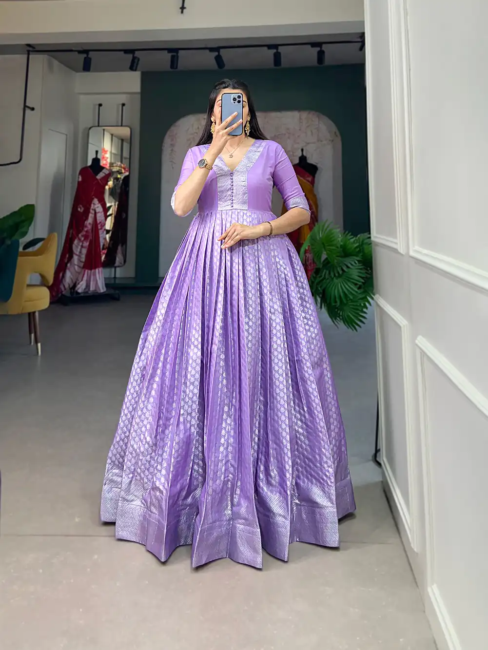 Stylish Lavender Color Jacquard Silk Floral weaving work Gown