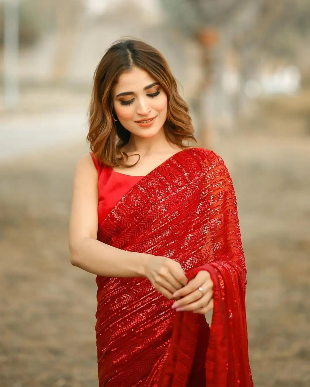 Aglow Red Color Georgette Sequins Embroidery Work Saree - Image 4