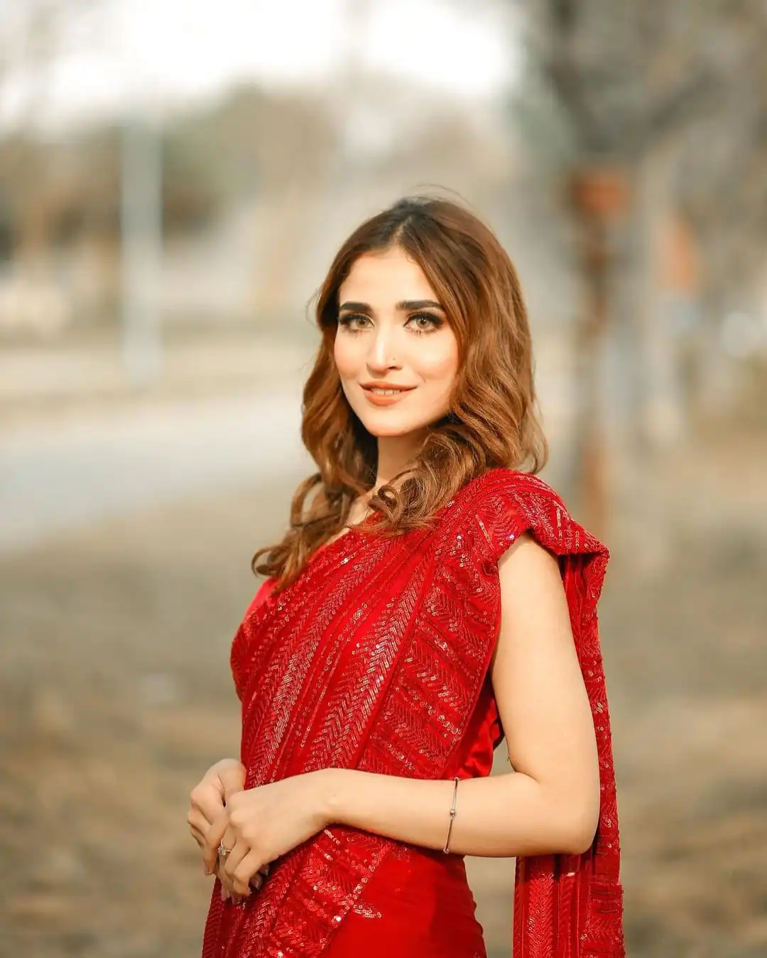 Aglow Red Color Georgette Sequins Embroidery Work Saree - Image 3