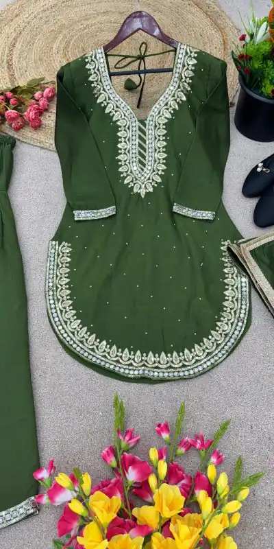 Exotic Green Color Pure Chinnon Embroidery Diamond Salwar Suit