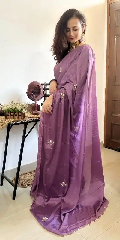 Grand Purple Color Soft Chinnon Flower Design Handwork Saree